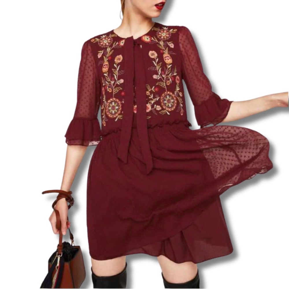 Zara Boho Floral Embroidery Chiffon Dress Sz. Medium